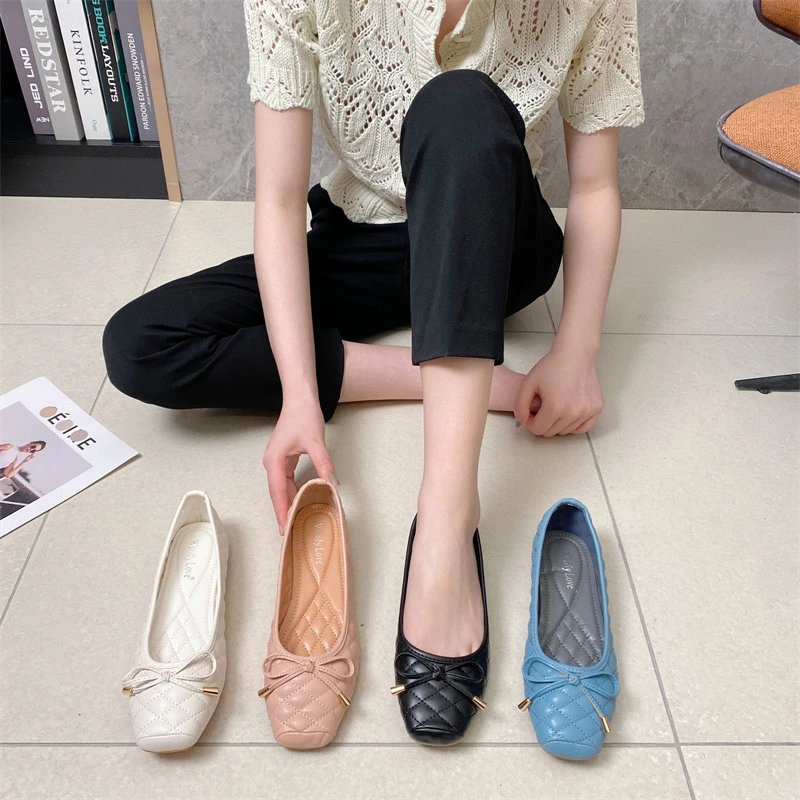 2025春秋平底单鞋女浅口蝴蝶结淑女方头一脚蹬软底舒适蛋卷鞋大码