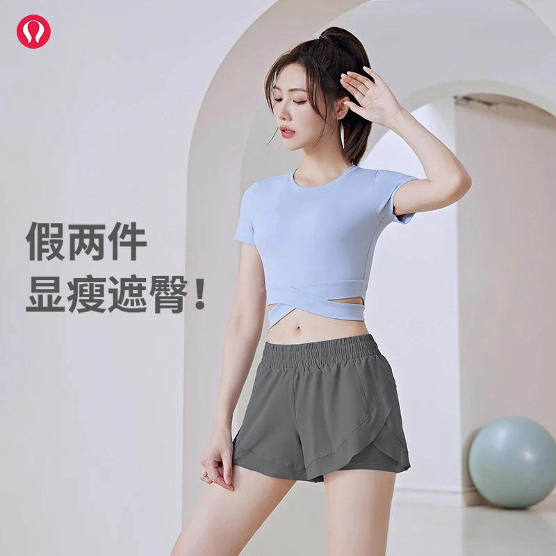 lulu露露网纱短裤蜜桃裸感运动短裤口袋无痕健身瑜伽三分短裤女士