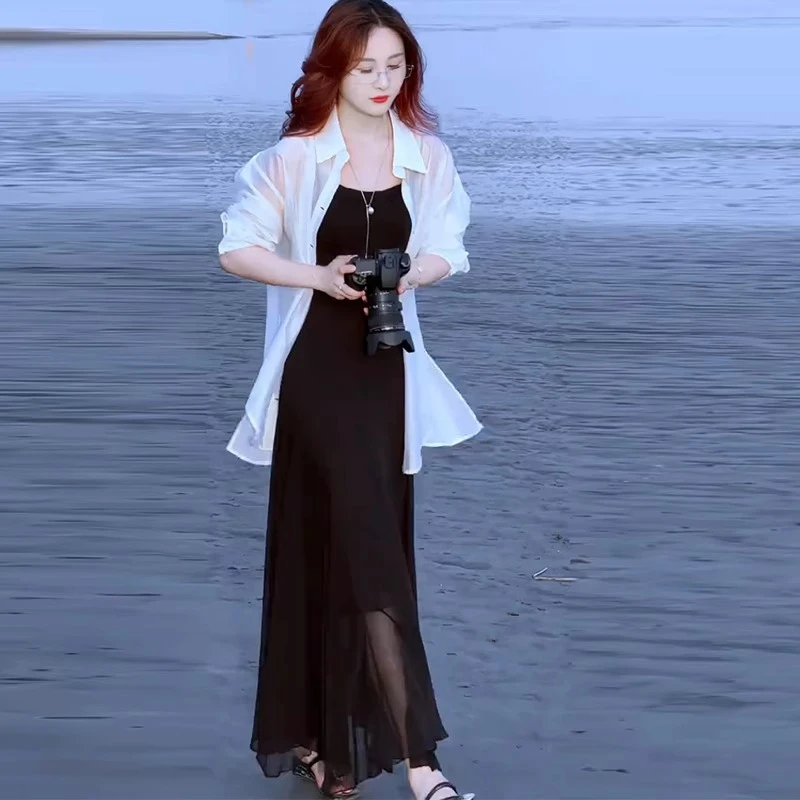 拉夏贝尔时尚后妈裙女2025夏季新款洋气显瘦防晒衬衫裙两件套裙子