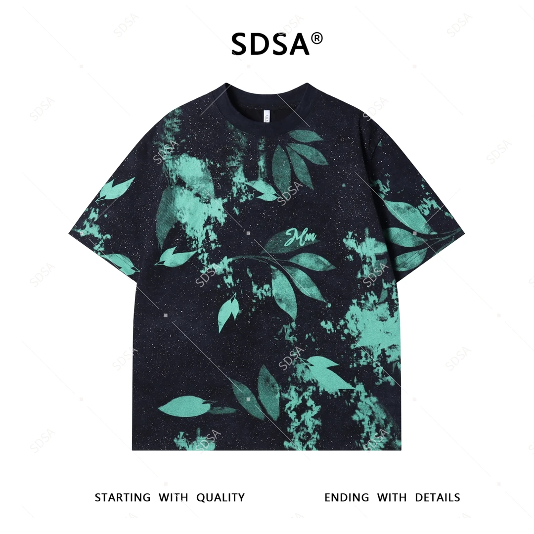 SDSA夏季新款男士痞帅潮牌满天星撞色树叶印花圆领短袖T恤显瘦