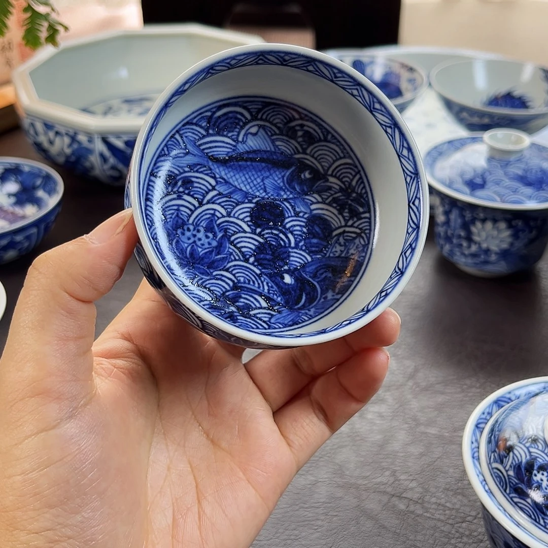 朝岚夕霞窑全手绘青花鱼藻主人杯原矿釉烧制