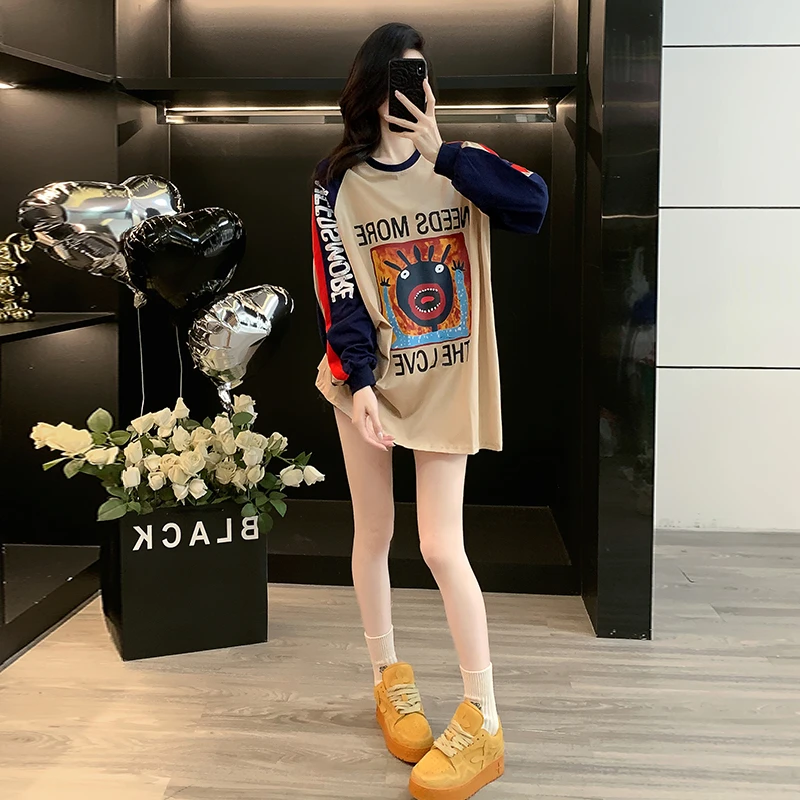 网红洋气撞色长袖T恤女秋冬美式复古慵懒风韩版休闲宽松印花上衣