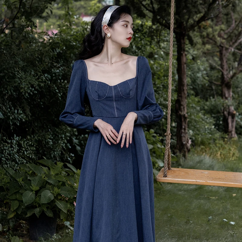 LAOXIAO服饰复古法式修身气质连衣裙收腰显瘦小个子牛仔连衣裙114