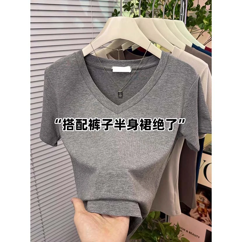 显瘦V领短袖t恤2025夏季休闲百搭小众正肩欧若风减龄纯色半袖小衫