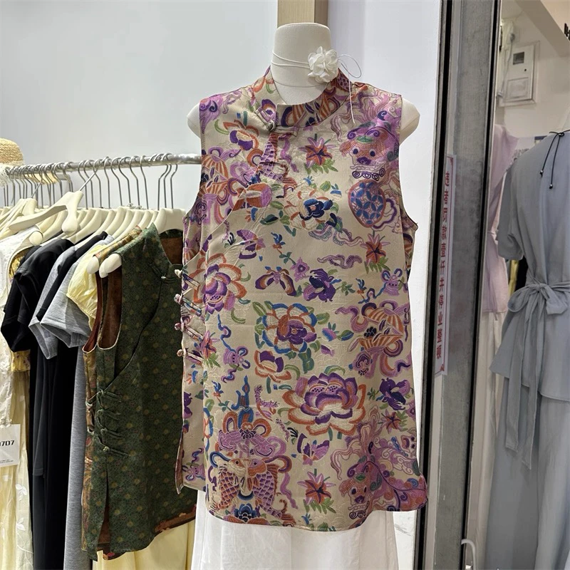 新中式国风缎面盘扣圆领马甲上衣女2025年女装夏季