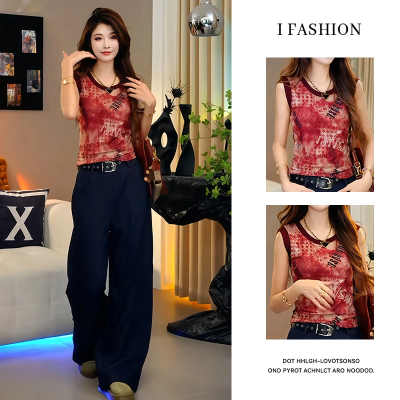 夏季薄款网纱时尚无袖t恤女2025年新款百搭显瘦抽褶收腰圆领上衣