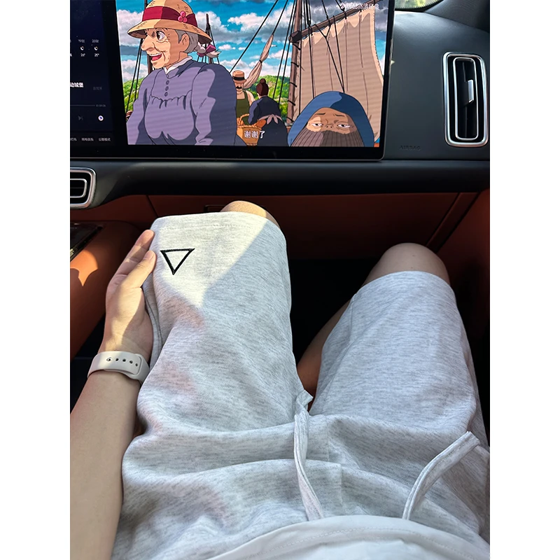 花灰色三角标刺绣运动短裤男夏季美式复古裤子健身跑步男士五分裤