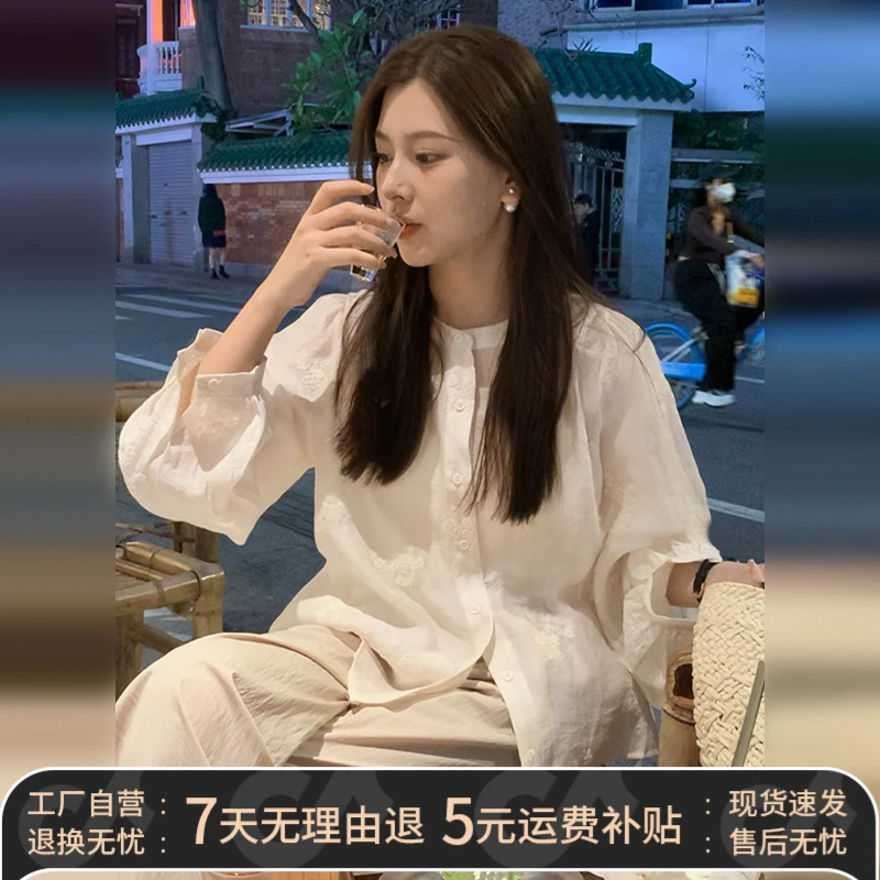 0534新中式宽松杏色防晒衬衫外套2025春新款小个子设计感小众衬衣