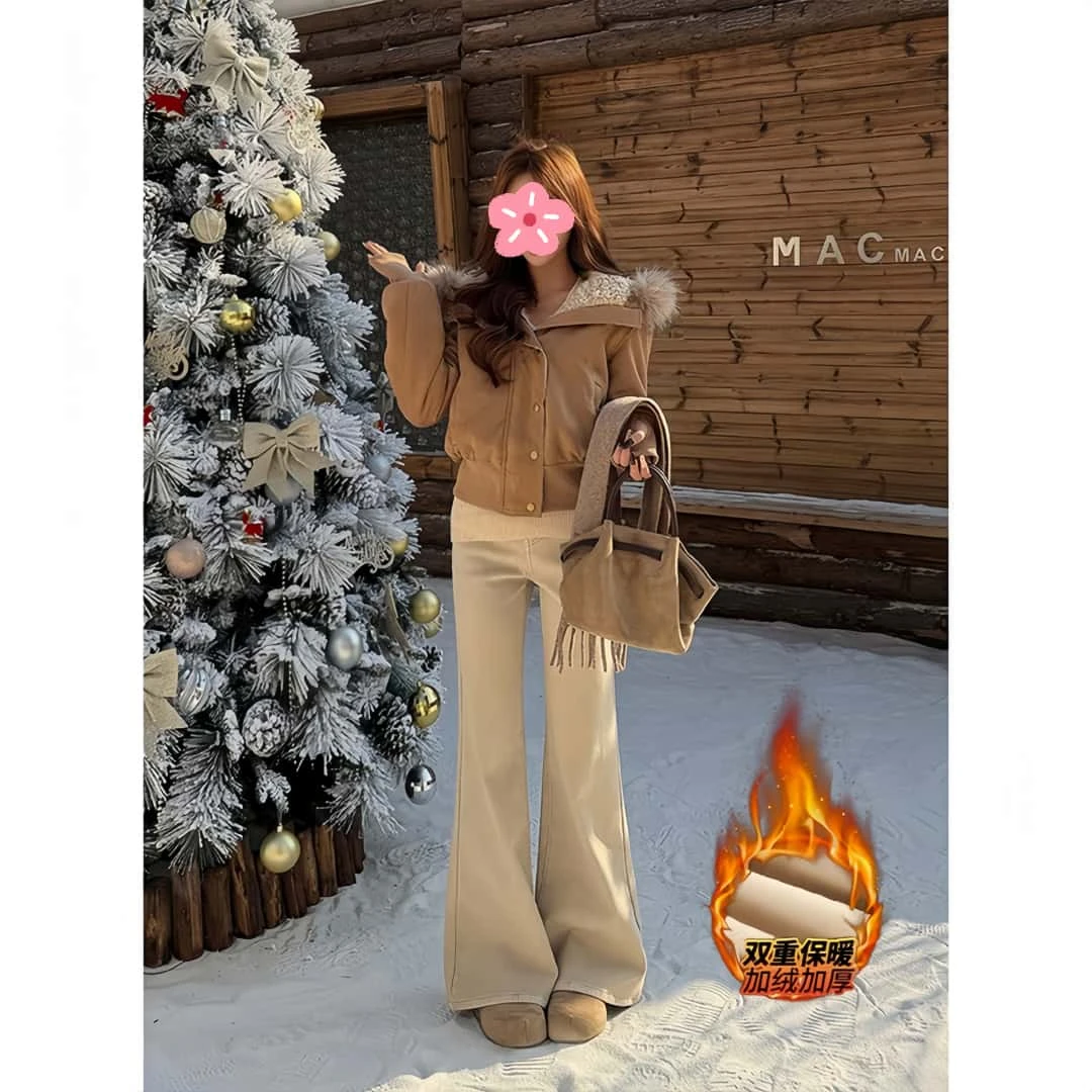 修身不贴腿刺绣微喇牛仔裤女2025冬季加绒高腰弹力显腿细拖地长裤