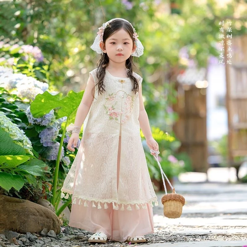 汉服女童新中式马甲裤子套装2025夏季新款薄款短袖套装