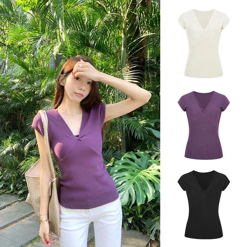 实拍现货-法式扭结V领杏色短袖T恤女装夏季百搭修身显瘦针织上衣