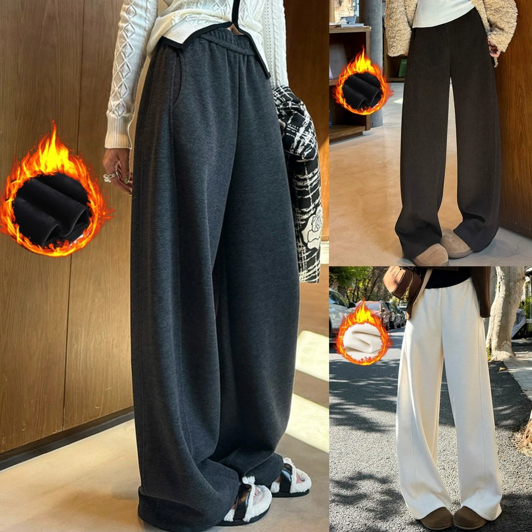 醋酸绒秋冬窄版加绒加厚小个子直筒裤显瘦阔腿裤女高腰休闲垂感