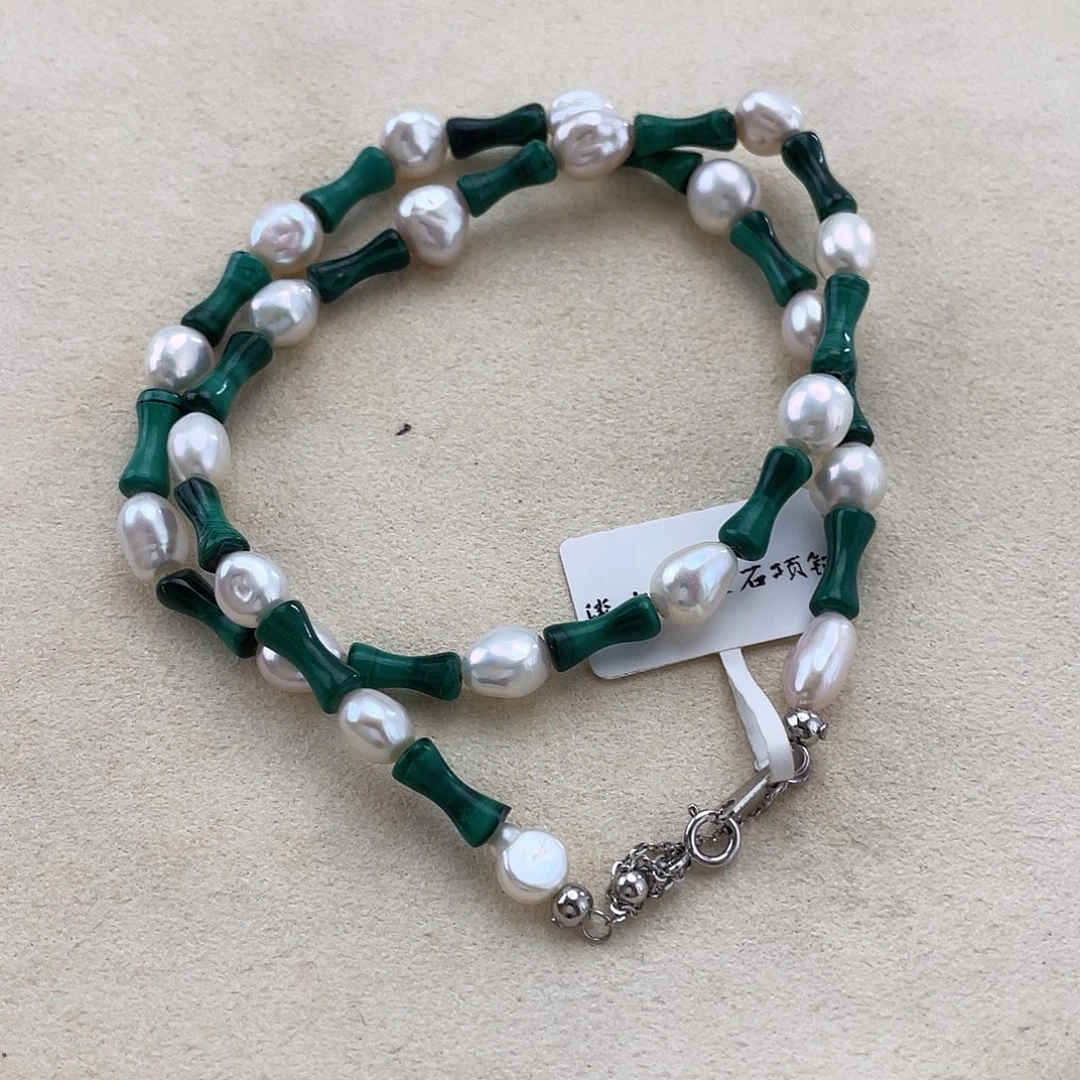 颈饰银S925镶嵌淡水珍珠淡水keshi珍珠孔雀石项链