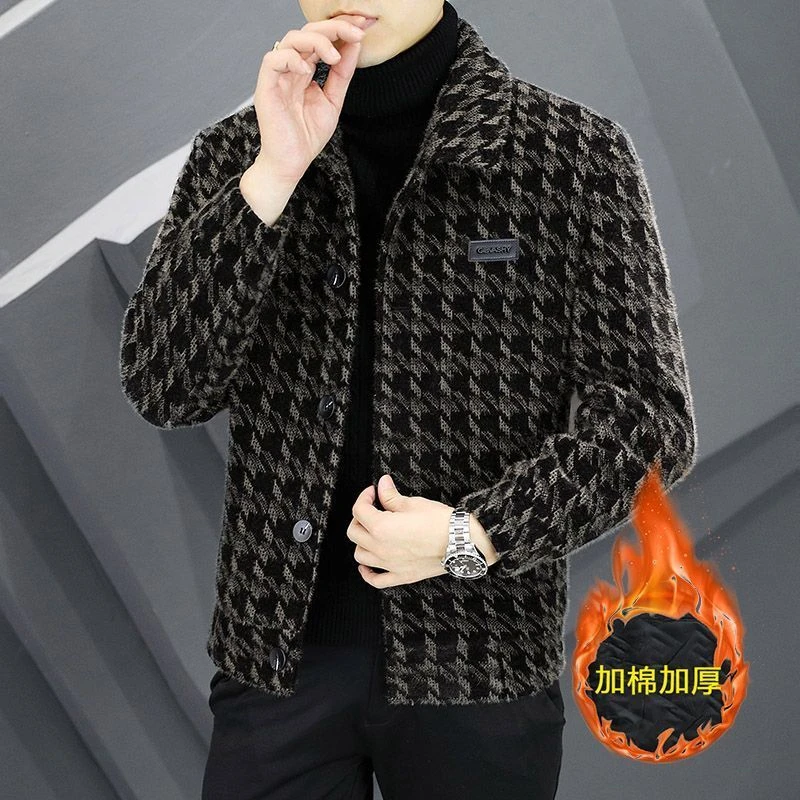 2025秋冬季新款加绒外套男潮流痞帅短款夹克加厚格子毛呢子大衣男