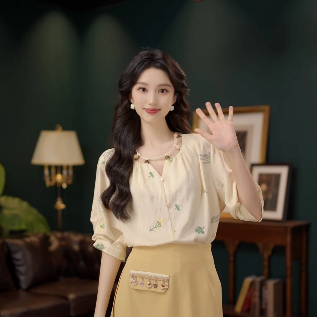 琦琦【野春谷】温柔衬衣休闲百搭短袖衬衫女夏季宽松上衣YE0706451