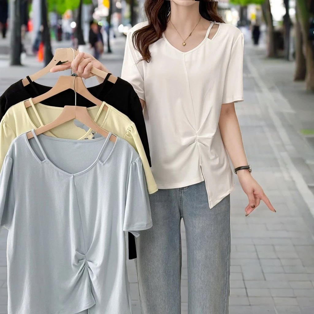 大码女装夏季新款200斤胖妹妹洋气设计感露肩不规则短袖T恤衫6788