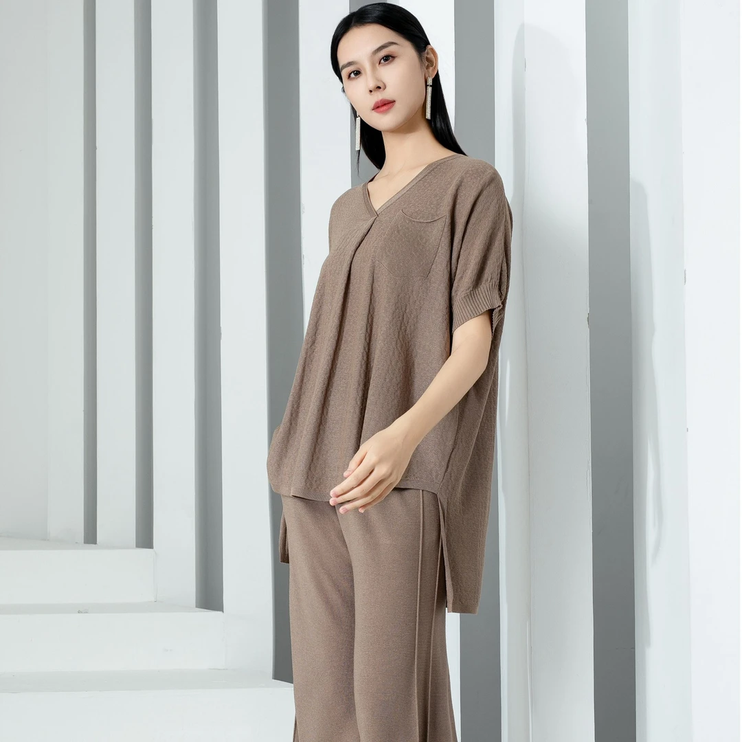 夏季爆款设计师不对称裁剪针织衫 V领减龄舒适透气冰感女上衣6869