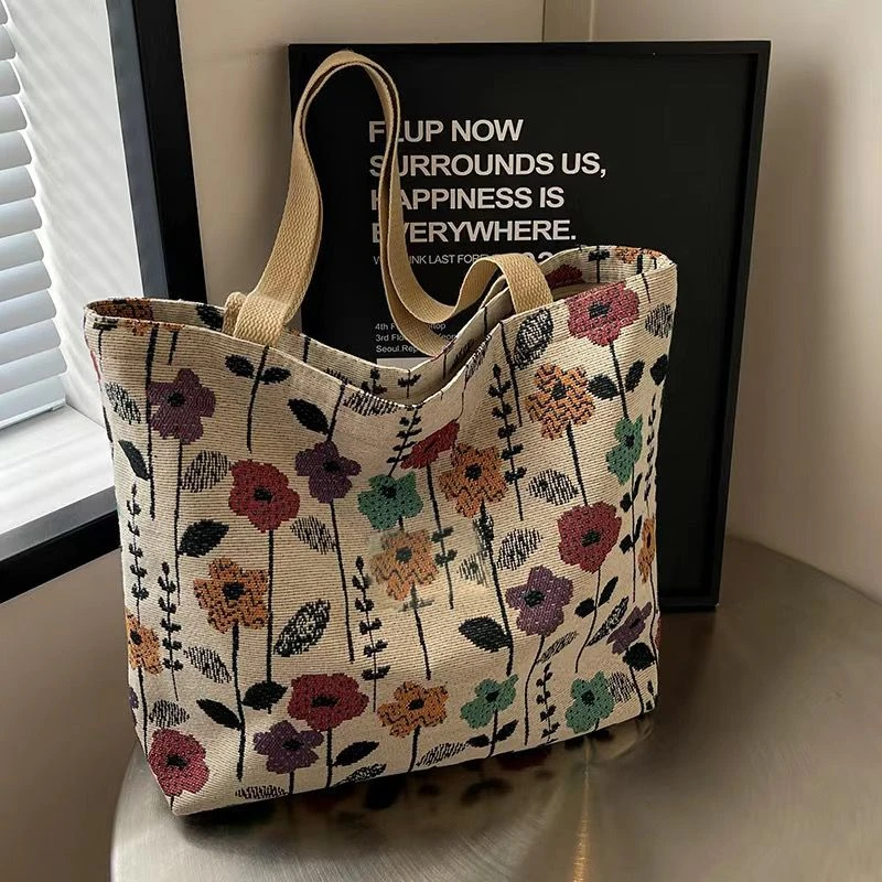 民族风大容量单肩包女2025新款ins帆布包托特上课手提包通勤包TT