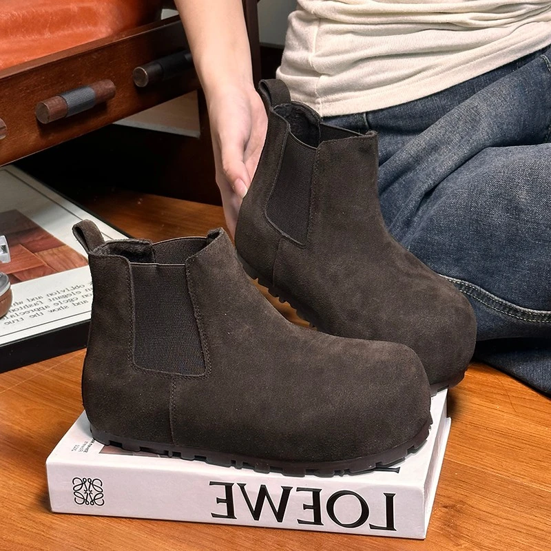 磨砂皮加绒厚底大头马丁靴女2025秋冬新款时尚复古内增高勃肯短靴