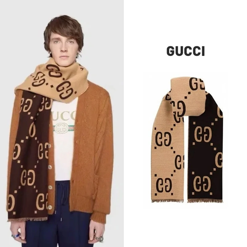 GUCCI/古驰双G双面提花羊毛真丝绒线围巾男女同款情侣款