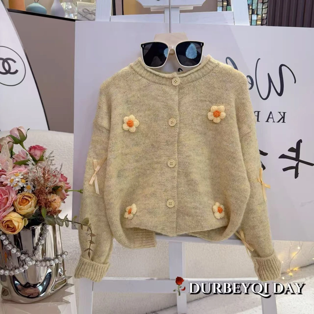 DURBEYQI/朵贝奇女童2025秋季新款花朵单排扣针织开衫上衣5749