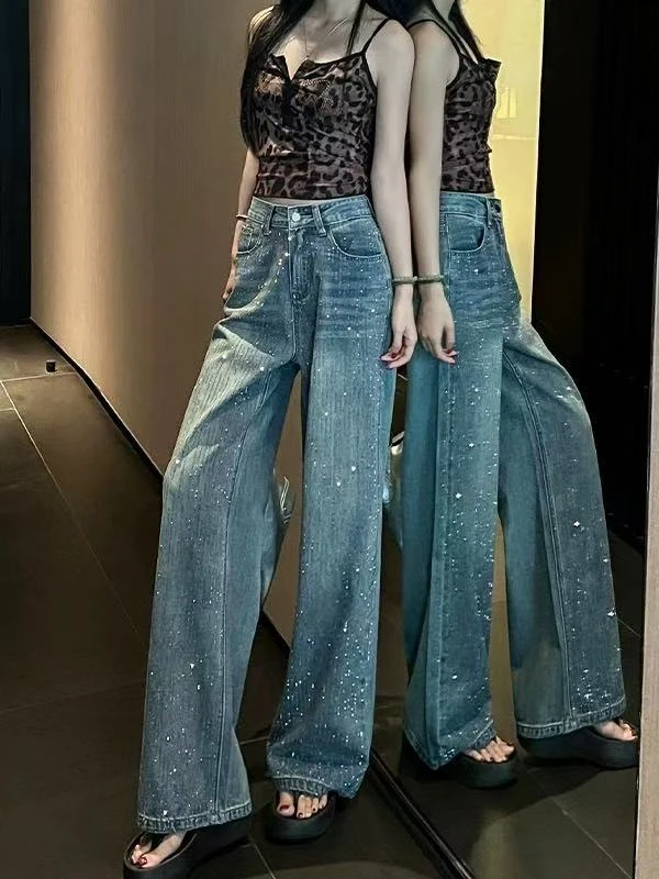 90285欧货重工满钻烫钻拖地牛仔裤女2025年早秋高腰阔腿裤直筒裤