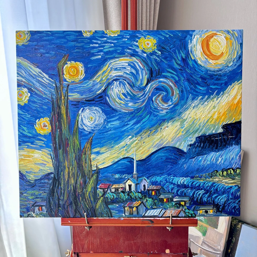 手绘油画【梵高星空】油画风装饰画客厅餐厅走廊入户美式复古挂画