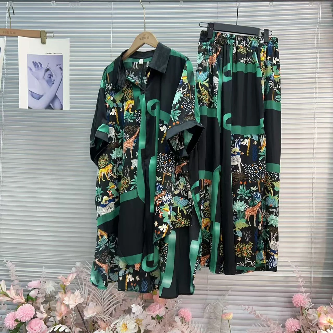 773（安言服饰）长款成人轻奢中长款时尚女士衬衫短袖印花时尚套装