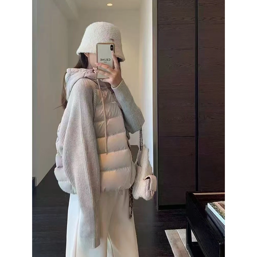 大码女装秋冬女常规连帽拼接短款针织棉衣棉服时尚纯色百搭宽松