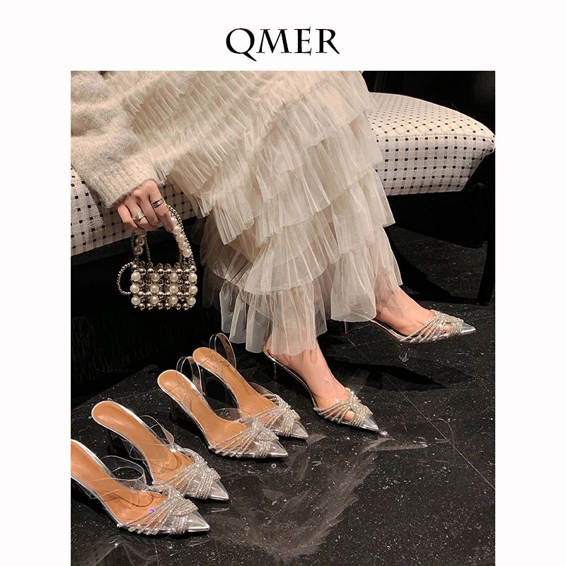 秋美儿细跟透明凉鞋女气质银色尖头包头高跟鞋亮晶晶网红优雅性感