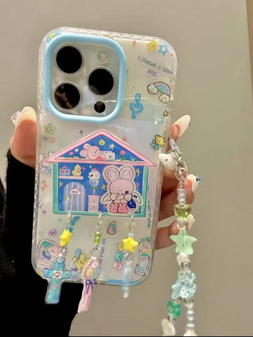 可爱白底电视机兔子圆边双层壳苹果16promax/iPhone15/14手机壳13