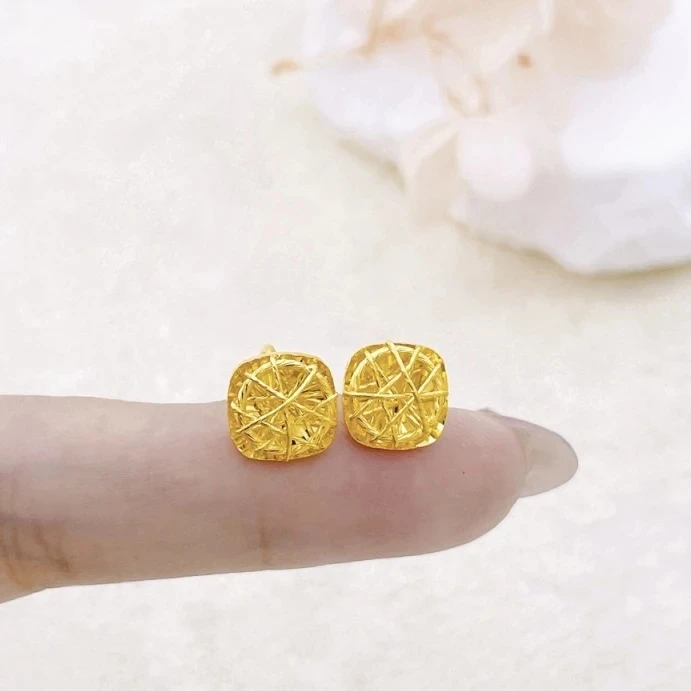 足金黄金小方糖耳钉影底绕线耳钉抖音基地质检发货