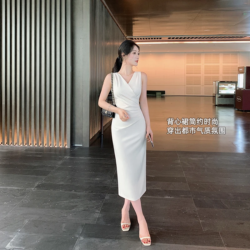 林关关【无名雅调】优雅气质褶皱收腰显瘦连衣裙夏季无袖背心长裙