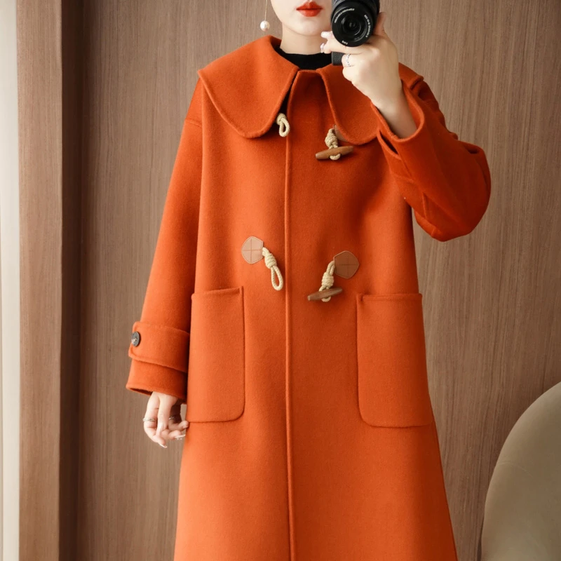 春秋季高端牛角扣纯色100%羊毛中长款女娃娃领宽松显瘦双面呢外套