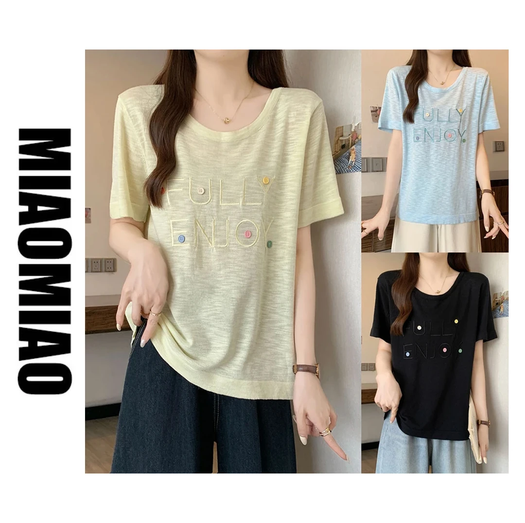 大码女装2025夏装新款针织开衫上衣胖mm娃娃领冰丝短袖T恤4172