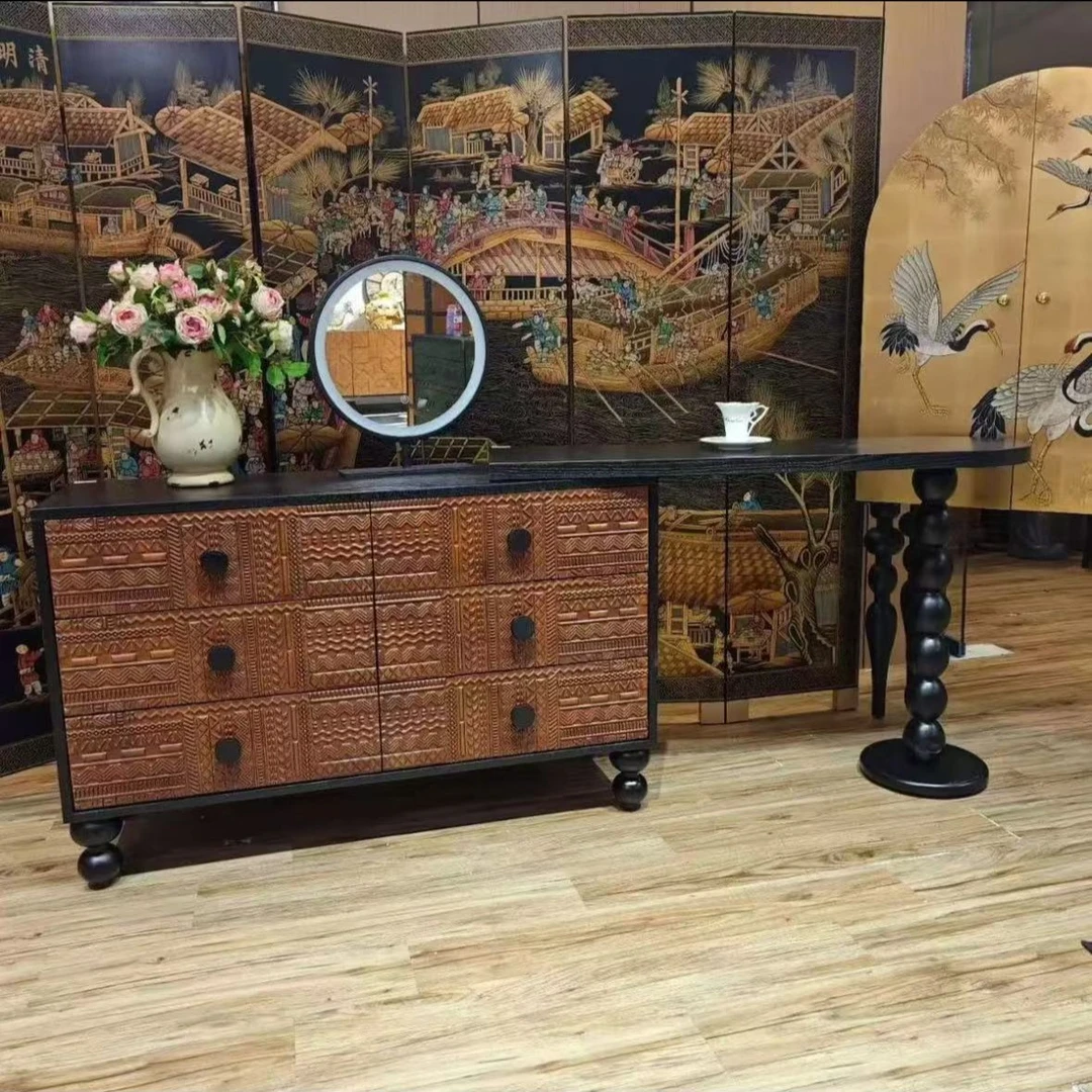 新中式中古设计雕花三斗柜卧室简约轻奢装饰收纳柜抽屉式储物柜