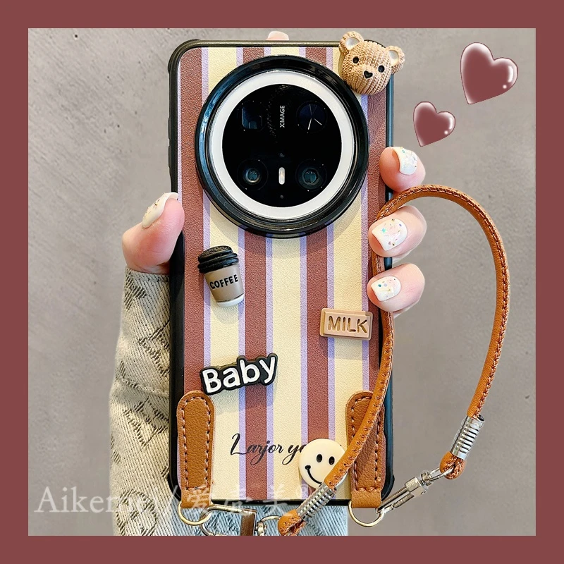 适用华为mate70pro+手机壳mate60pro+立体咖啡小熊pura70pro+挂绳