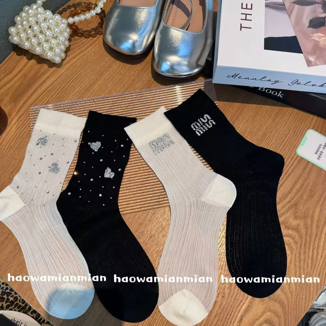 韩版薄透轻奢夏季亮闪烫钻爱心字母凉感百搭时尚高级感性感中筒袜