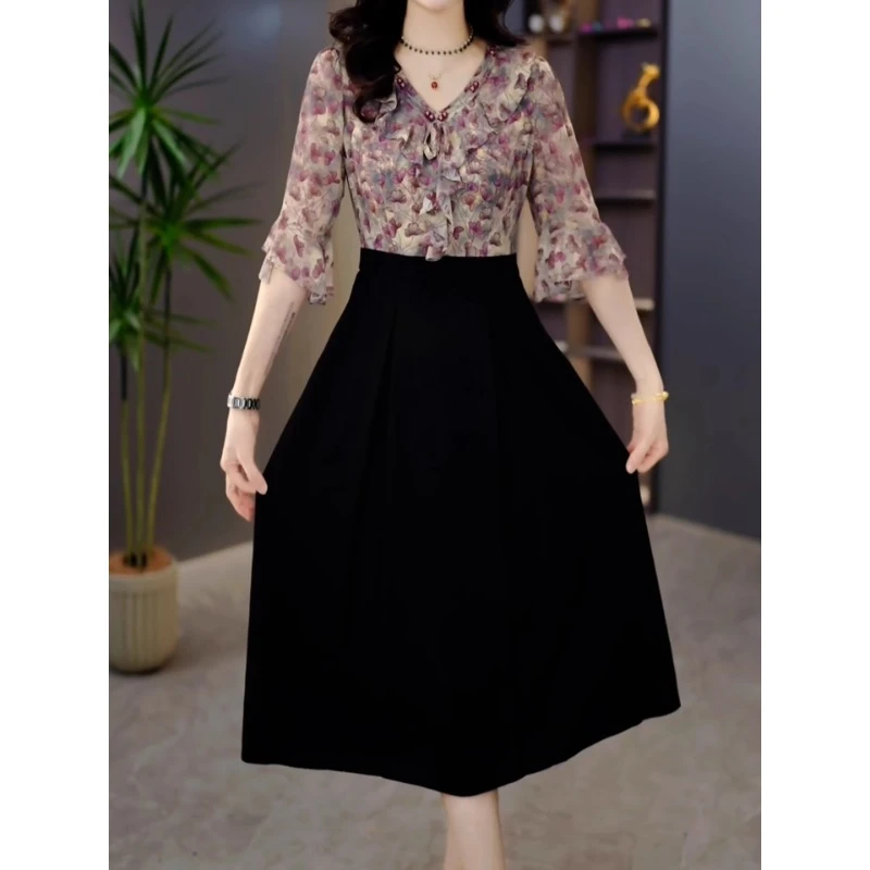 启慕气质假两件时尚减龄显瘦连衣裙2025夏季新款洋气气质中长裙