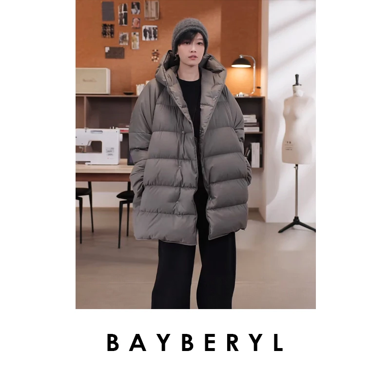 BAYBERYL老贝吐司*泥灰绿轻暖连帽宽松冬羽绒服YRF3K2721-8/31