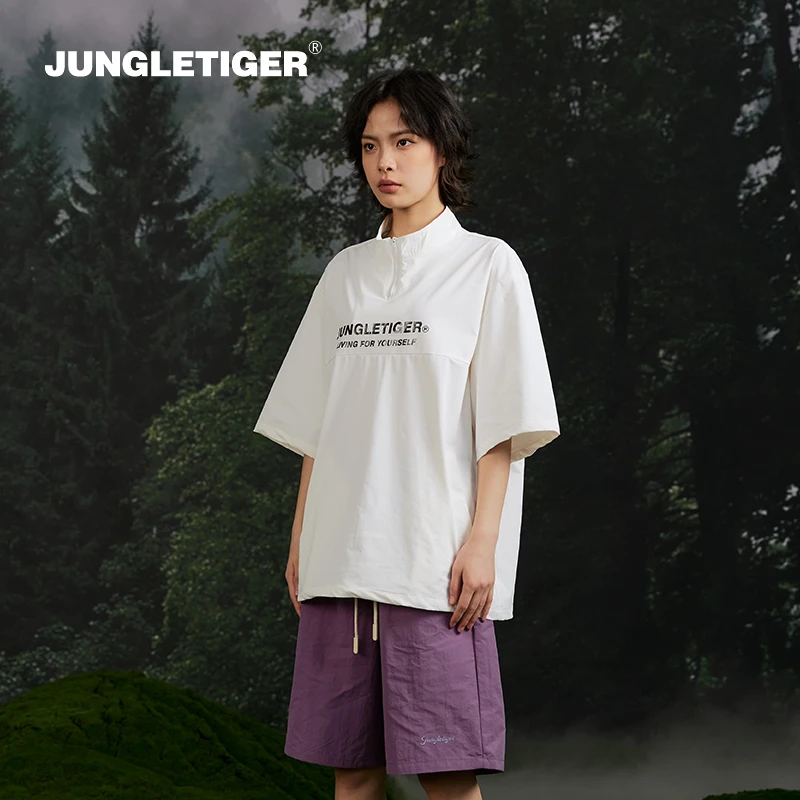 丛林老虎山系户外防水透气半拉链短袖男潮牌运动休闲高领宽松T恤