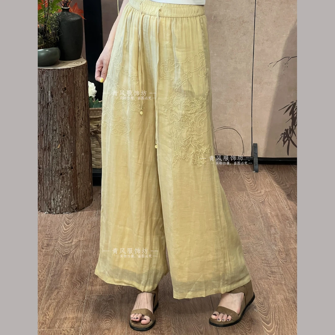5006 苎麻刺绣阔腿裤祥云松紧休闲裤中国风宽松仙气慵懒风女裤夏