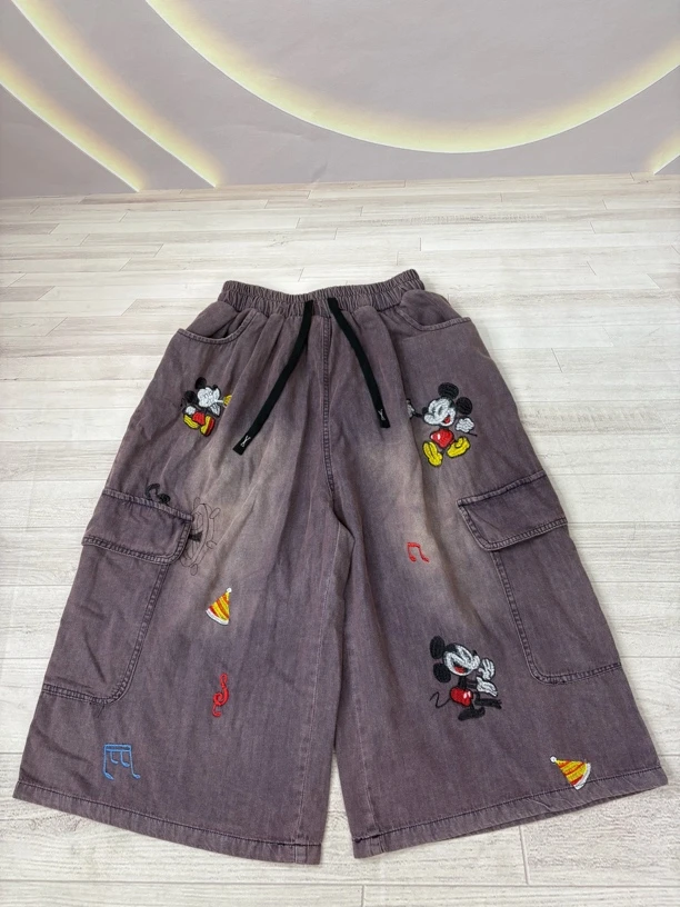 万能松紧腰头潮牌牛仔刺绣米奇工装七分裤