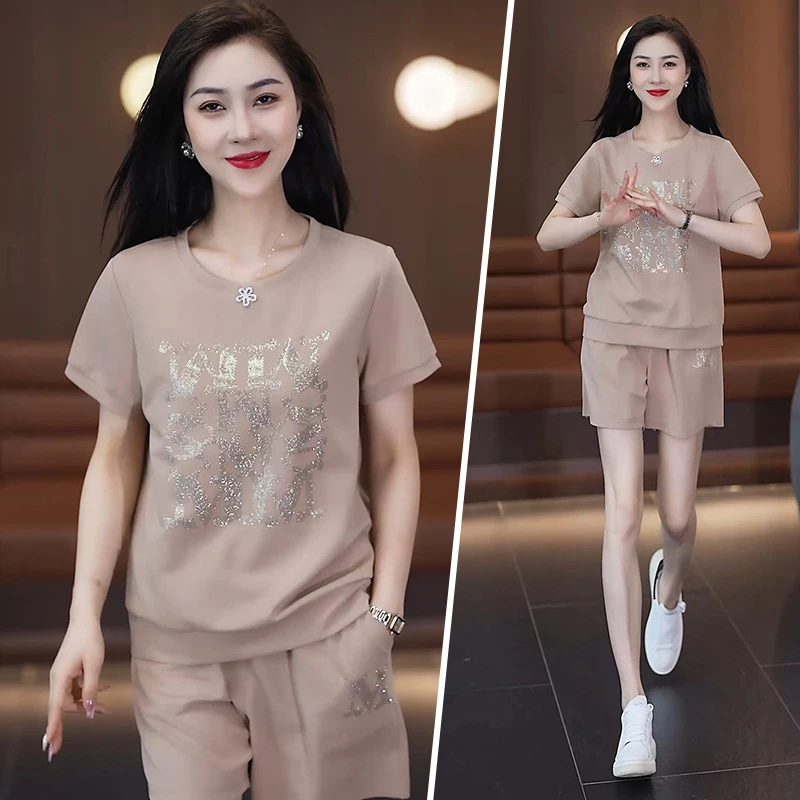 卫衣时尚运动套装女夏装2025新款宽松韩国圆领短袖灰色洋气休闲服