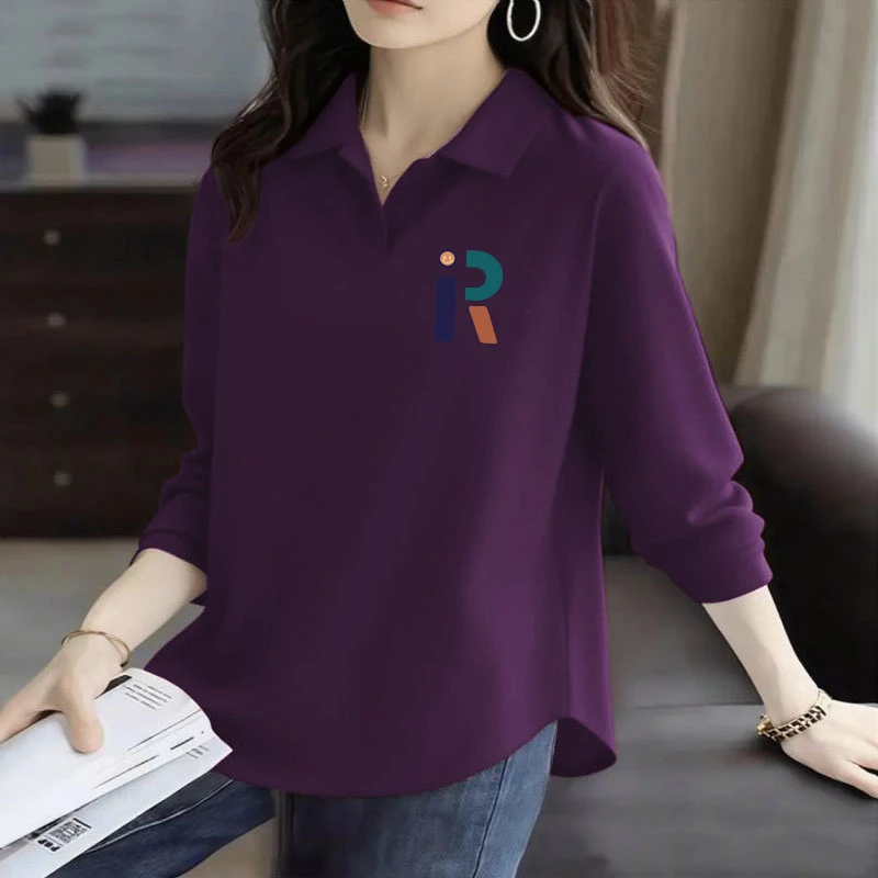 2025春秋冬设计感新款POLO领100%纯棉弧形上衣长袖女士休闲打底衫