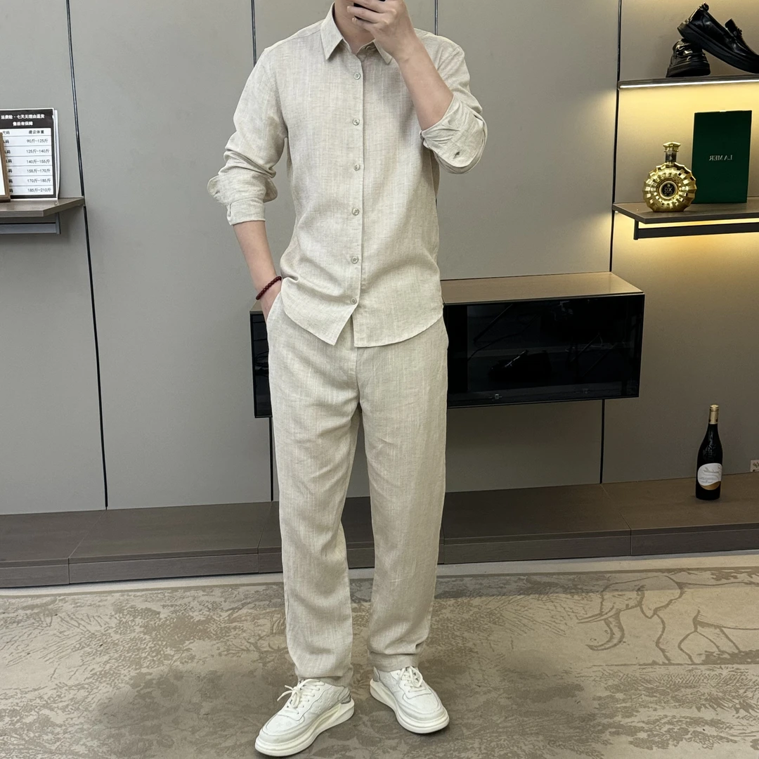 25092夏季新款亚麻套装男士上衣长裤宽松百搭透气轻薄速干套装