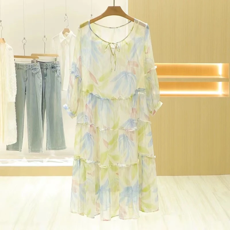 2024年春季新款宽松大码遮肉真丝连衣裙女印花桑蚕丝长裙大摆裙子