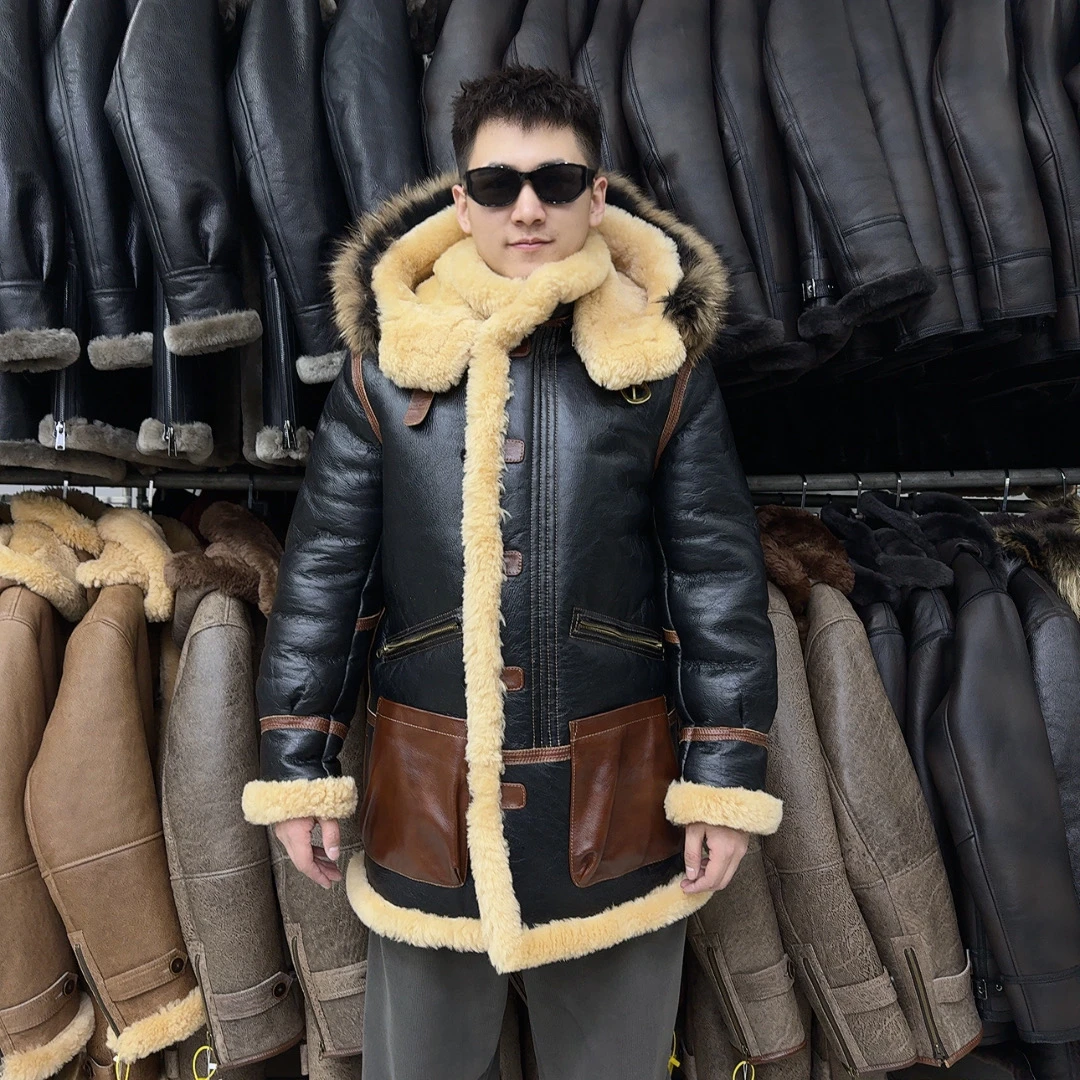男士冬季保暖耐寒轰炸机款皮毛一体棕色超加厚长款羊皮羊毛夹克