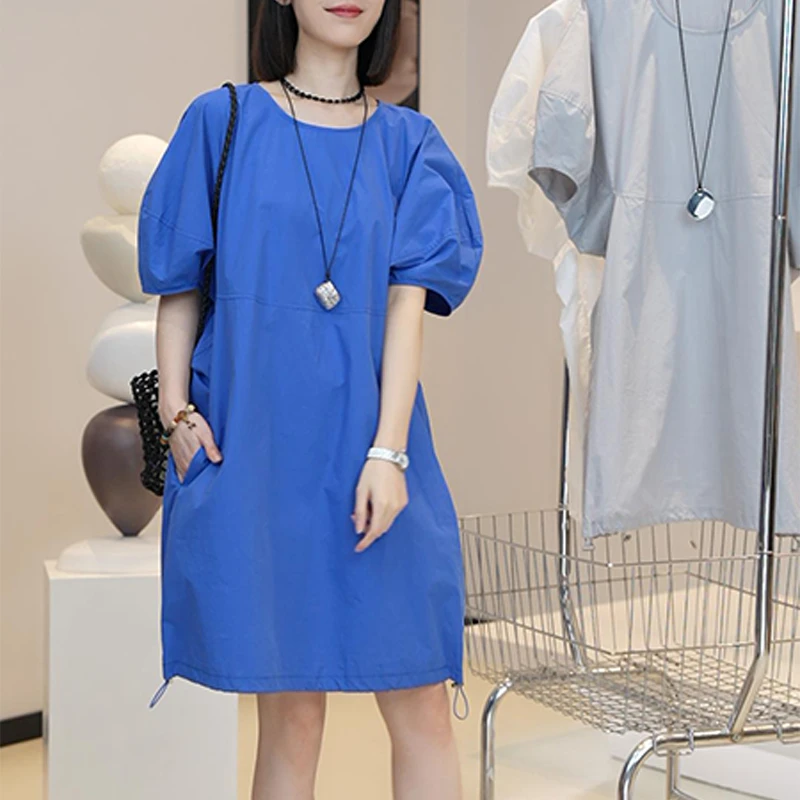 韩系简约高级感休闲蓝色连衣裙女夏季设计感宽松气质减龄显白中裙