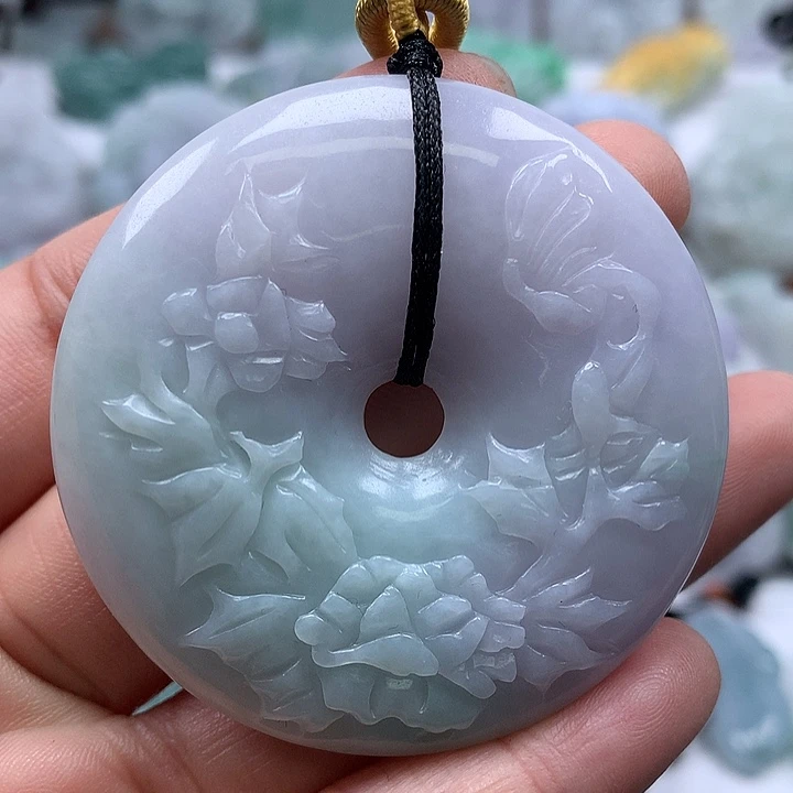 翡翠未镶嵌颈饰花开富贵平安扣两面工艺福利